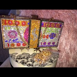 Glam $$ themed purse, 8”x4”. Fits phone, keys, lip gloss, cash or credit card.